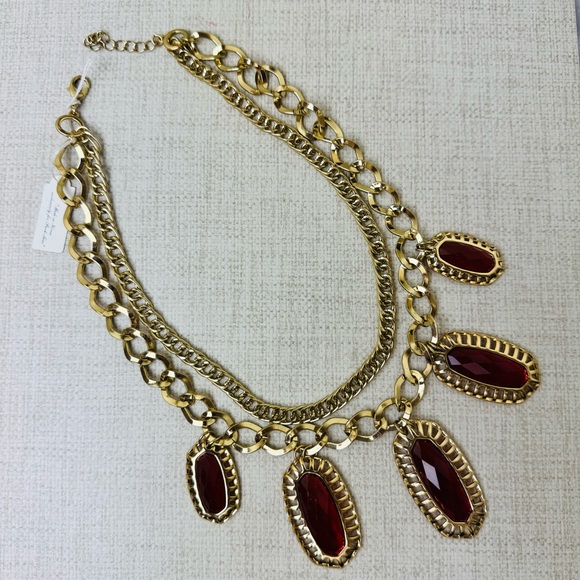 Gold Tone Park Lane Two Strand necklace with Red Rhinestone Pendants - Picture 2 of 6